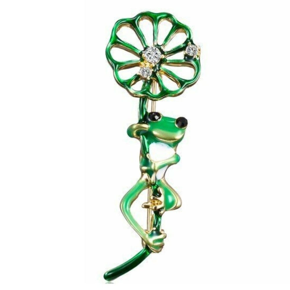 Green Enamel Frog Lotus Brooch NWT